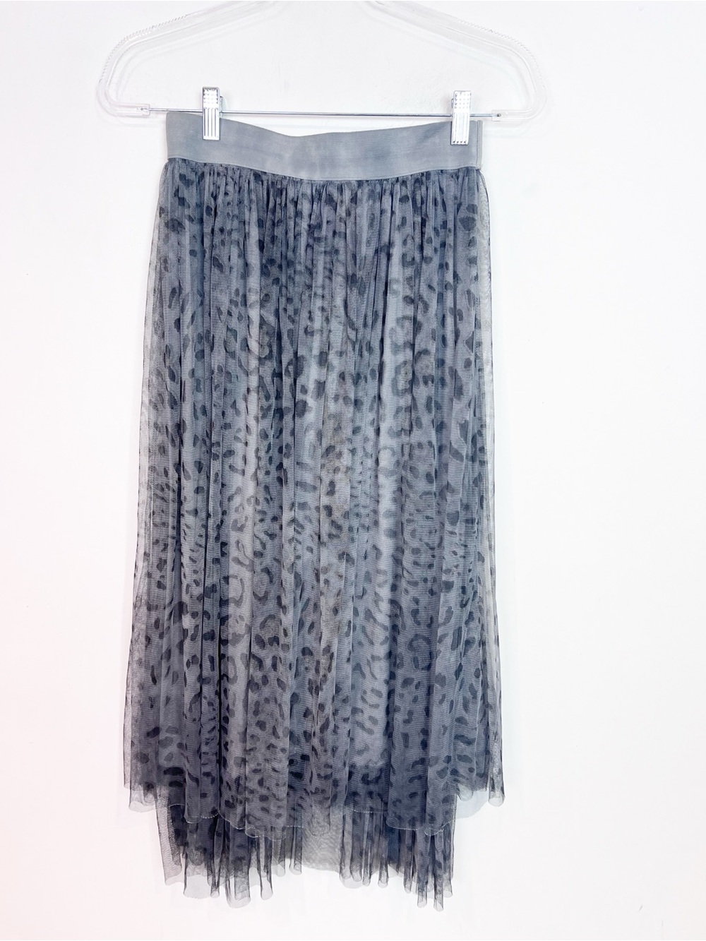 JS MILLENIUM GRAY ANIMAL PRINT ELASTIC WAIST LAYERED TULLE MIDI SKIRT SZ SM